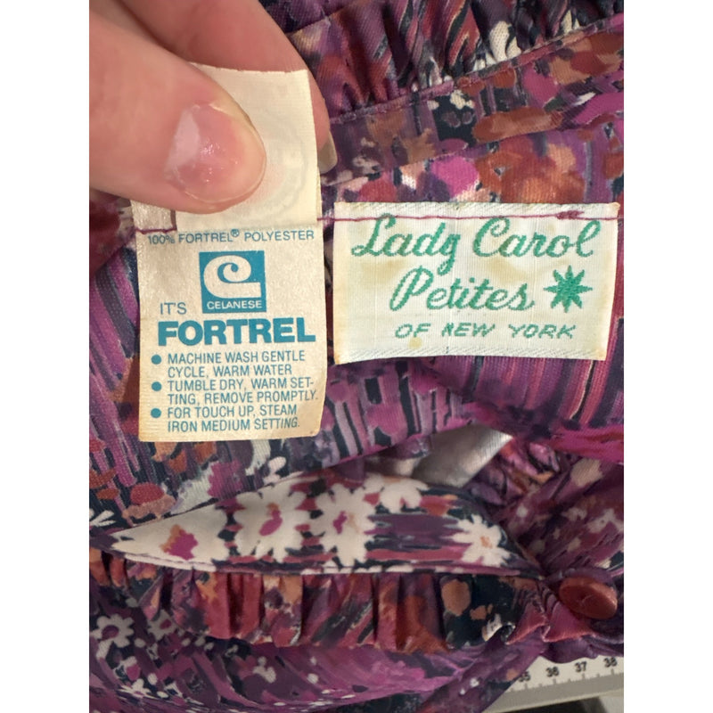 Vintage Lady Carol Petites Of New York Floral Wrap Dress Purple Elastic Sleeves Union Made In USA, Fundraiser Sustainable Fashion Education
