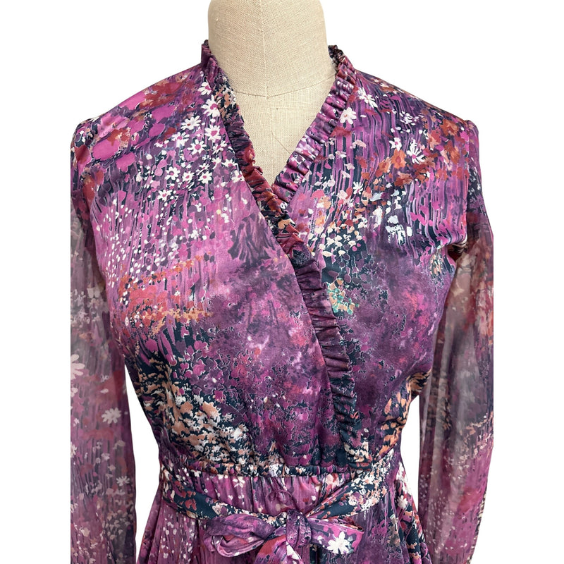 Vintage Lady Carol Petites Of New York Floral Wrap Dress Purple Elastic Sleeves Union Made In USA, Fundraiser Sustainable Fashion Education