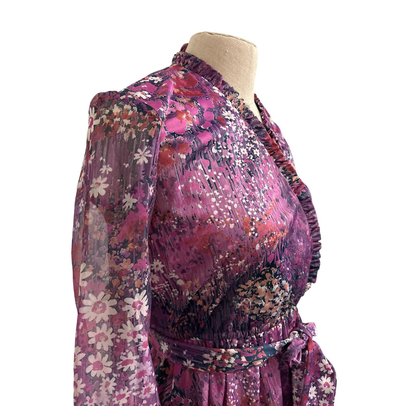Vintage Lady Carol Petites Of New York Floral Wrap Dress Purple Elastic Sleeves Union Made In USA, Fundraiser Sustainable Fashion Education