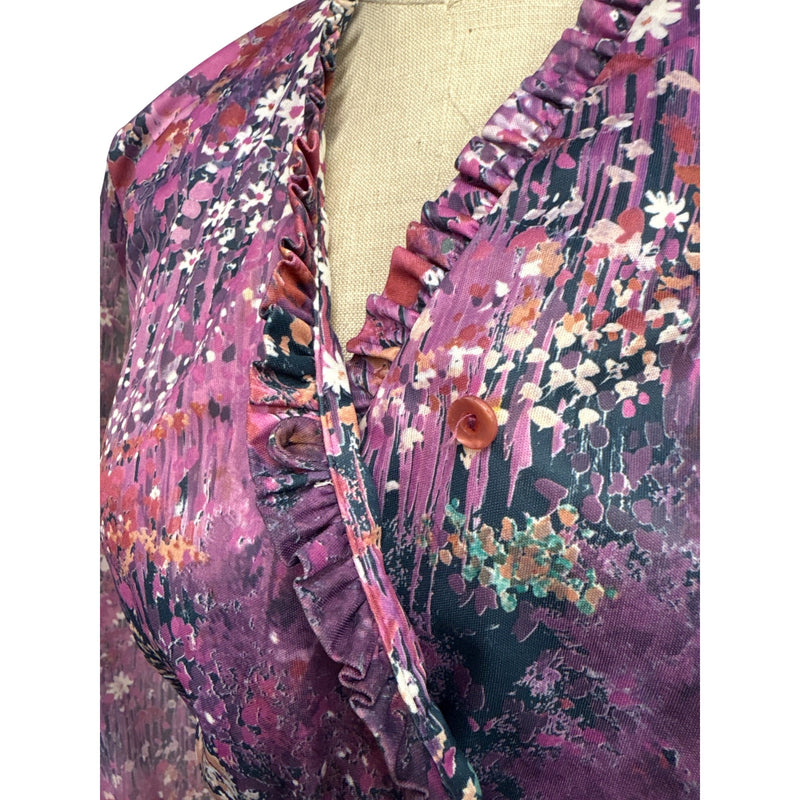 Vintage Lady Carol Petites Of New York Floral Wrap Dress Purple Elastic Sleeves Union Made In USA, Fundraiser Sustainable Fashion Education
