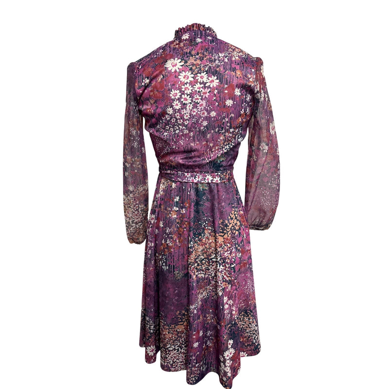 Vintage Lady Carol Petites Of New York Floral Wrap Dress Purple Elastic Sleeves Union Made In USA, Fundraiser Sustainable Fashion Education
