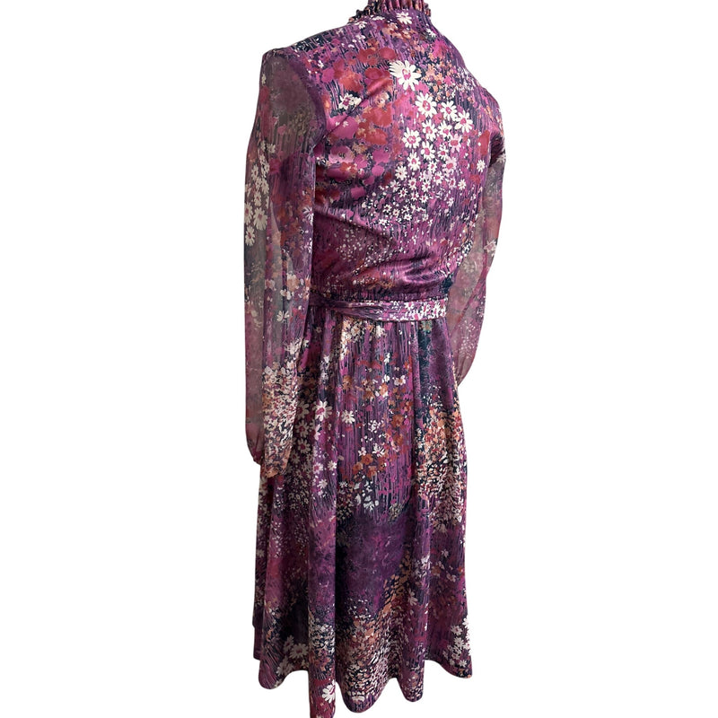 Vintage Lady Carol Petites Of New York Floral Wrap Dress Purple Elastic Sleeves Union Made In USA, Fundraiser Sustainable Fashion Education