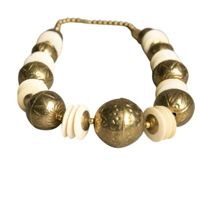 Vintage '70s MCM Brass & Faux Ivory Statement Necklace Intricate Etched Spheres 24" length Fundraiser Supports Sustainable Fashion Education