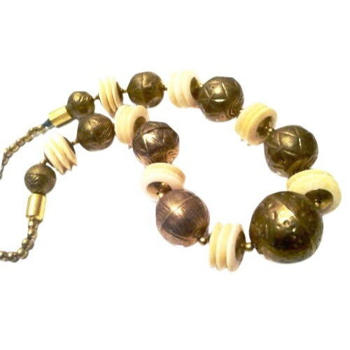 Vintage '70s MCM Brass & Faux Ivory Statement Necklace Intricate Etched Spheres 24" length Fundraiser Supports Sustainable Fashion Education