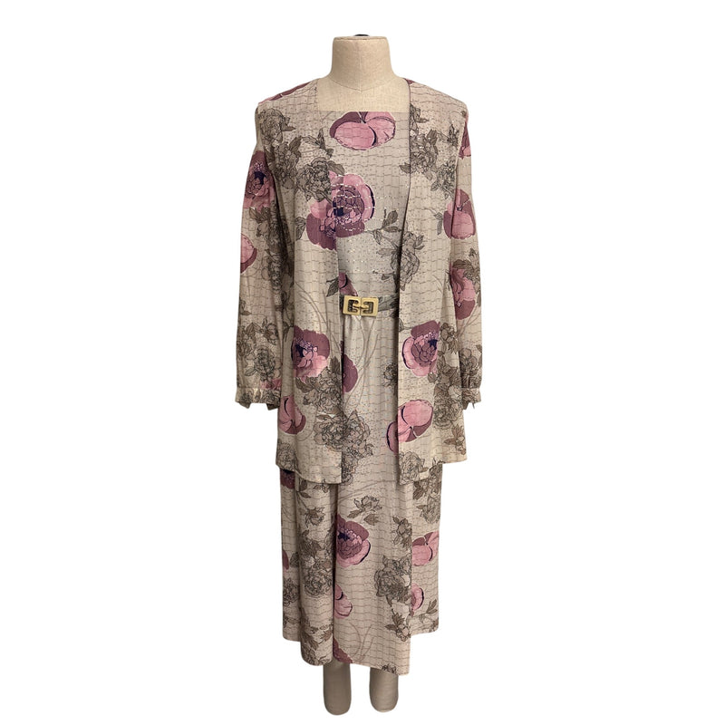 Vintage Handmade Floral Two-Piece Dress and Jacket Set With Gold-Tone Buckle Belt Pink Beige Floral Pattern Fundraiser Sustainable Fashion