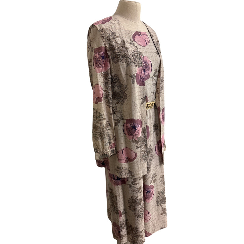 Vintage Handmade Floral Two-Piece Dress and Jacket Set With Gold-Tone Buckle Belt Pink Beige Floral Pattern Fundraiser Sustainable Fashion