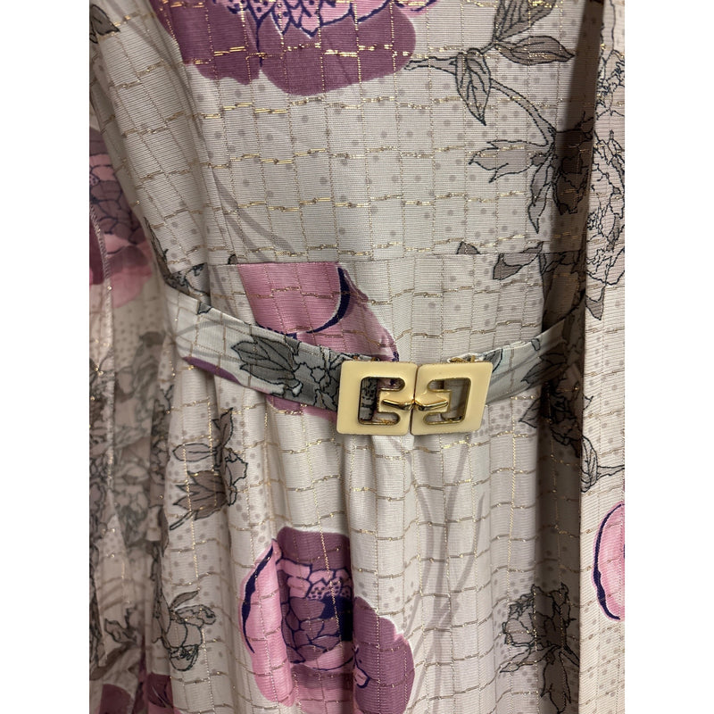 Vintage Handmade Floral Two-Piece Dress and Jacket Set With Gold-Tone Buckle Belt Pink Beige Floral Pattern Fundraiser Sustainable Fashion