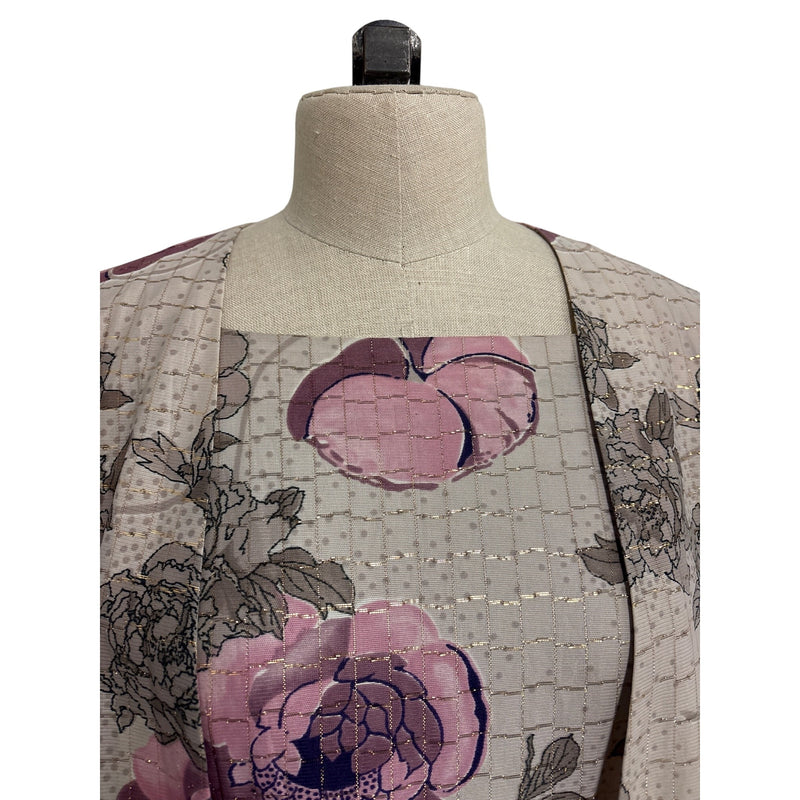 Vintage Handmade Floral Two-Piece Dress and Jacket Set With Gold-Tone Buckle Belt Pink Beige Floral Pattern Fundraiser Sustainable Fashion