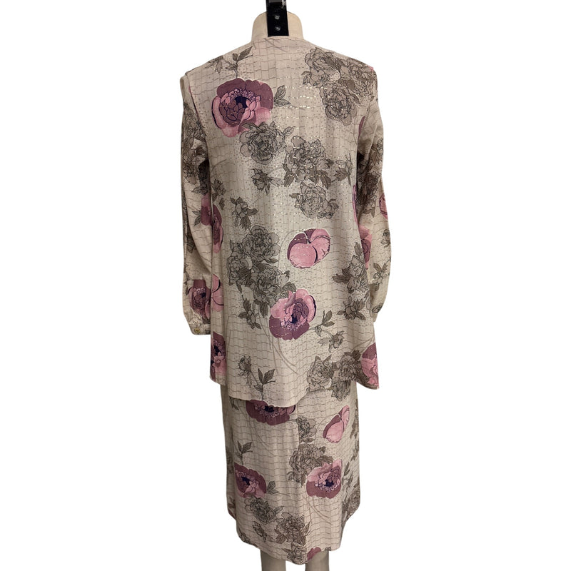 Vintage Handmade Floral Two-Piece Dress and Jacket Set With Gold-Tone Buckle Belt Pink Beige Floral Pattern Fundraiser Sustainable Fashion