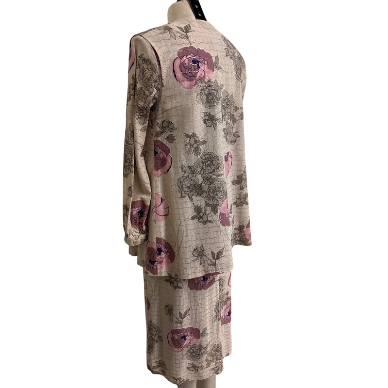Vintage Handmade Floral Two-Piece Dress and Jacket Set With Gold-Tone Buckle Belt Pink Beige Floral Pattern Fundraiser Sustainable Fashion
