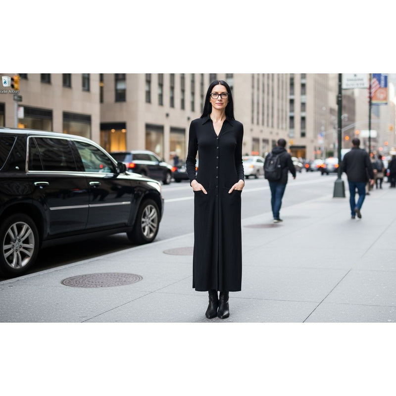 Vintage J.Jill Black Button-Up Long Button Down Shirt Dress With Collar LBD, Fundraiser for Sustainable Fashion Education Program