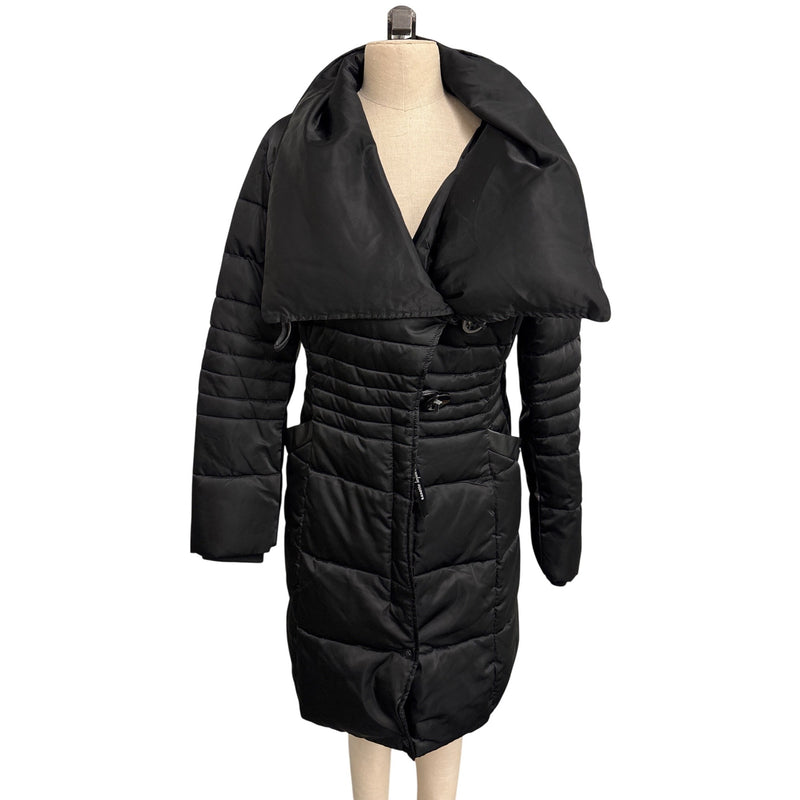 Nanette Lepore Black Quilted Puffer Coat With Oversized Collar and Button Closures Womens L