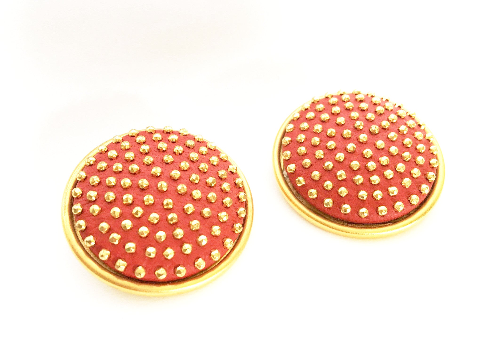 Red Golden Studs Clip on Earrings Vintage Costume Jewelry
