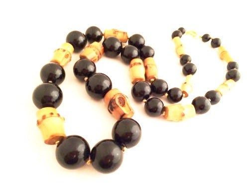 Vintage Bamboo and Black Bead Necklace - A Chic Tribute to Nature's Artistry