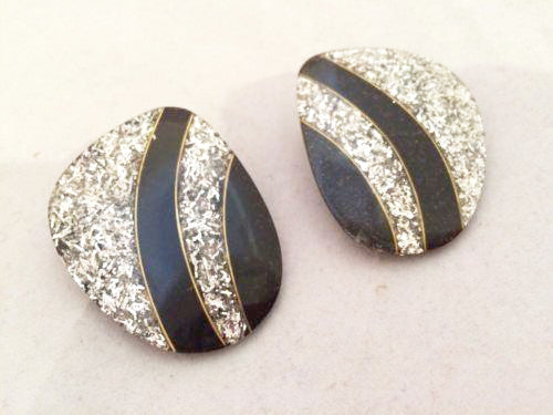Silver Black Golden Clip on Earrings Vintage Plastic Jewelry