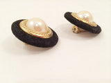 Black Suede Golden Pearl Clip on Earrings