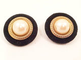 Black Suede Golden Pearl Clip on Earrings