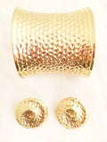 Egyptian Revival Jewelry Set Golden Hammered Earrings Cuff Necklace