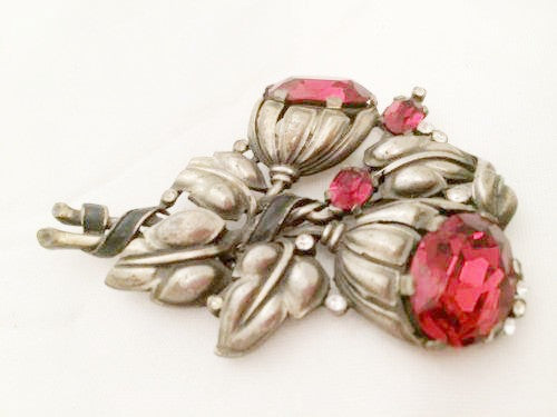 Unmarked Red & Pink Rhinestone Large Vintage Brooch Pin