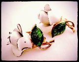 Bergere Vintage Floral Jewelry Whimsical White Enameled Flower Clip on Earrings