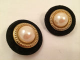 Black Suede Golden Pearl Clip on Earrings