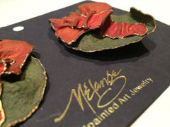 Melange Handpainted Art Jewelry Bold Runway Earrings Red Green Gold Artist Signed Vintage