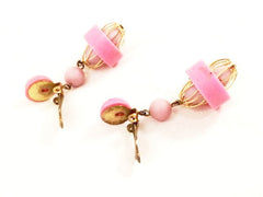 Retro Pink Dangling Clip-On Earrings - Golden Cage Detailing from Hong Kong
