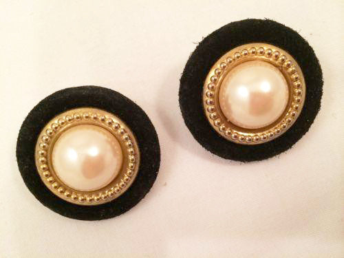 Black Suede Golden Pearl Clip on Earrings