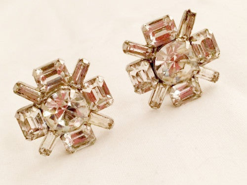 Faux Diamond Crystal Clip-on Earrings - Vintage Hollywood Glamour Jewelry