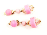 Retro Pink Dangling Clip-On Earrings - Golden Cage Detailing from Hong Kong