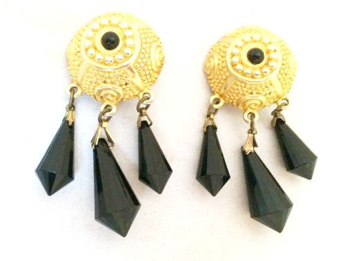 Etruscan Golden Black Dangling Crystals Clip on Earrings Vintage Jewelry ESPOSITO