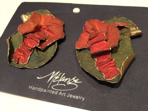 Melange Handpainted Art Jewelry Bold Runway Earrings Red Green Gold Artist Signed Vintage