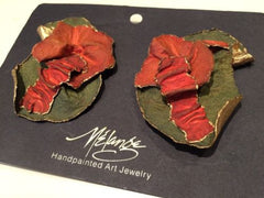 Melange Handpainted Art Jewelry Bold Runway Earrings Red Green Gold Artist Signed Vintage