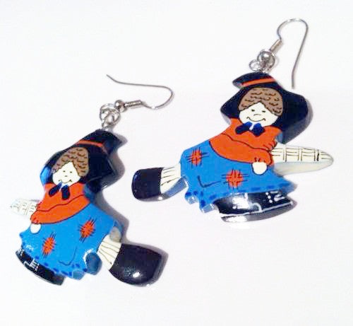 Figural Vintage Jewelry Witch Novelty Wooden Earrings