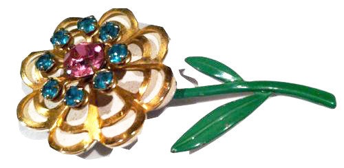 Whimsical Floral Vintage Jewelry Rhinestones Pin Brooch