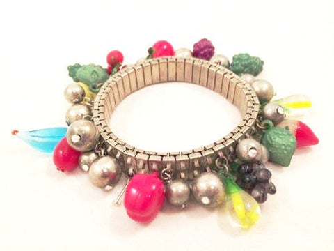 Fruit Salad Vintage Jewelry Silver Accordion Bangle Bracelet Plastic Beads