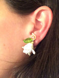 Bergere Vintage Floral Jewelry Whimsical White Enameled Flower Clip on Earrings