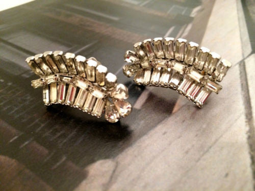 Kramer of NY Baguette Rhinestones Clip-On Earrings - Vintage Glamour from the 1950s