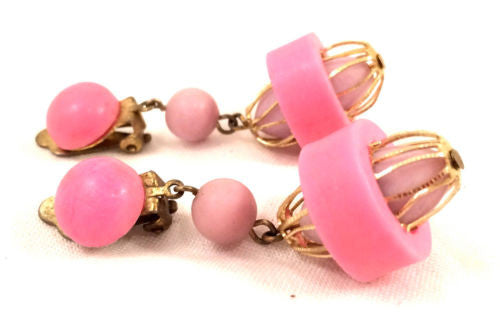 Retro Pink Dangling Clip-On Earrings - Golden Cage Detailing from Hong Kong