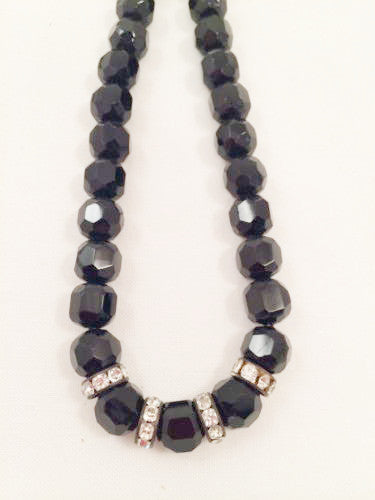 Black Glass Beads Rondelle Rhinestones Choker Necklace Vintage Jewelry