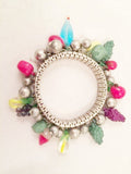 Fruit Salad Vintage Jewelry Silver Accordion Bangle Bracelet Plastic Beads