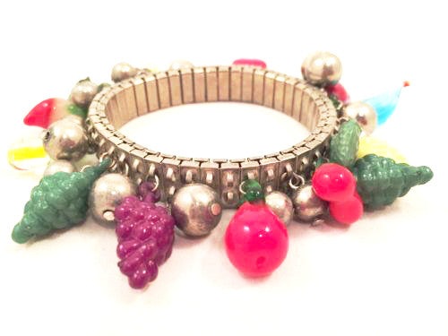 Fruit Salad Vintage Jewelry Silver Accordion Bangle Bracelet Plastic Beads