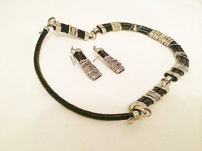 Handmade Set of Necklace Earrings Silver Black Vintage Jewelry