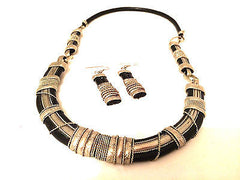 Handmade Set of Necklace Earrings Silver Black Vintage Jewelry