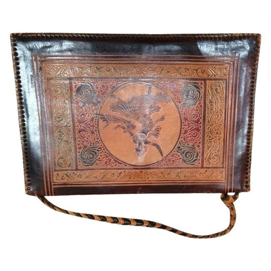 Exotic Dancer Etched Leather Ethnic Handmade Vintage Handbag Incredible Brown Clutch