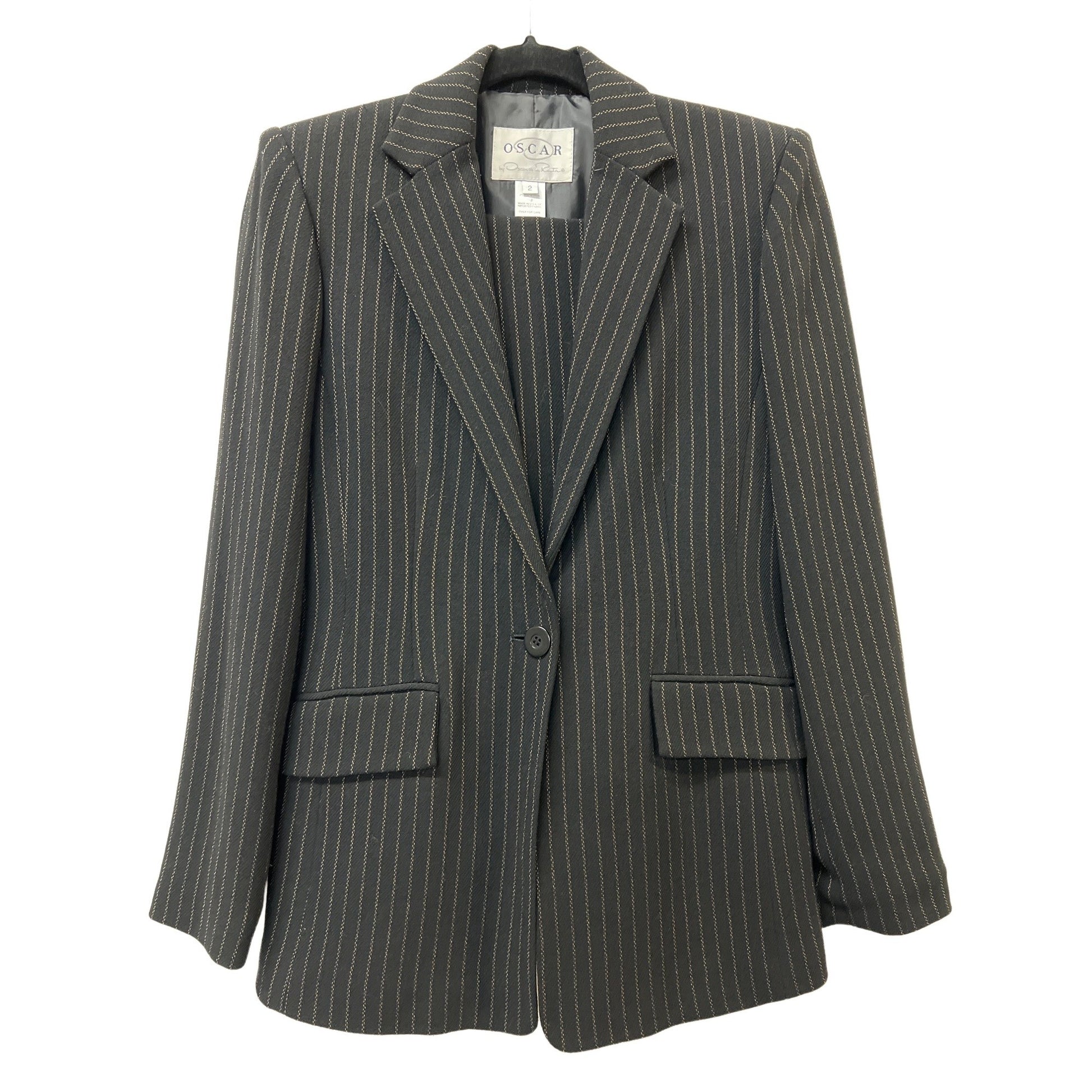 Oscar de la Renta Pinstripe Suit Black Beige Powerful Executive Size 2