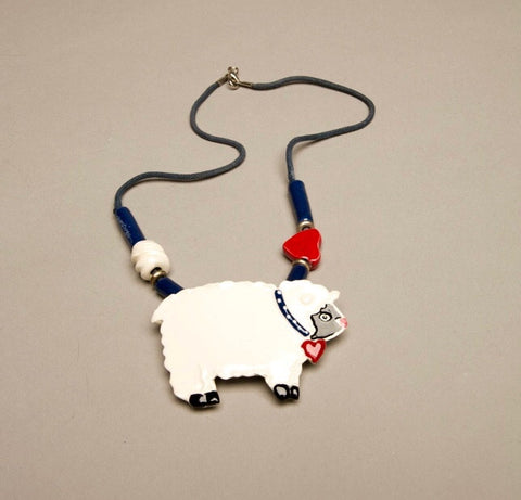 Shoestrings Signed Ceramic Lamb Sheep Figural Vintage Necklace Hand painted