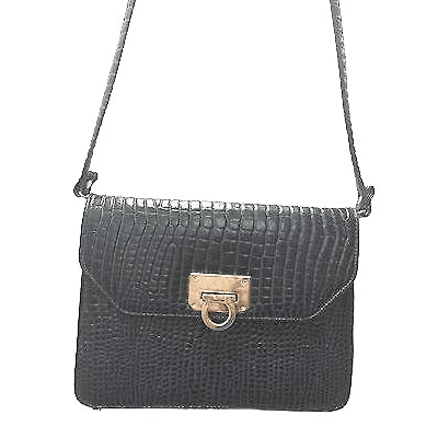 Woolworths Structured Crossbody Bag Purse Black Croc Patent Leather