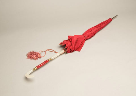 Red Vintage Umbrella Lucite Plastic Intricate Handle and Tassel Nylon Quality Rain Accessory