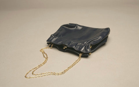 Vintage Little Bag Navy Blue Leather Golden Chain Handle HandBag Accessory